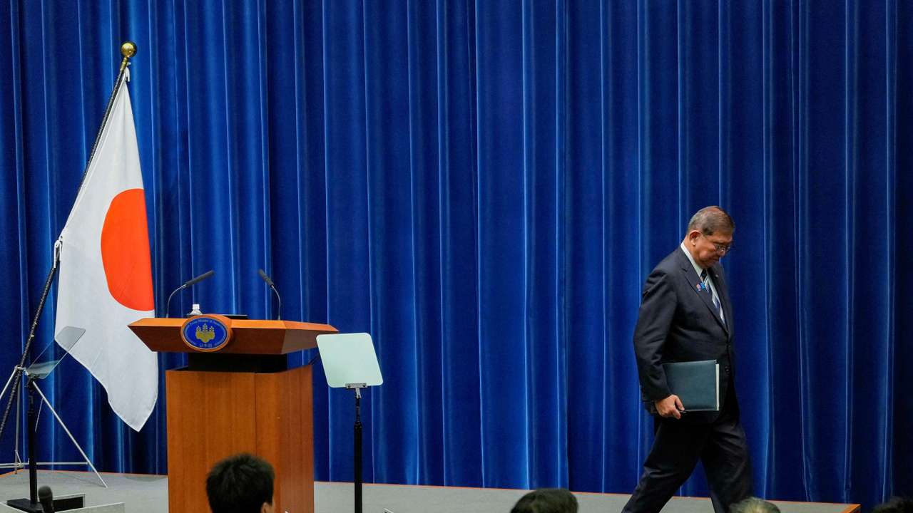 Japanese Prime Minister Shigeru Ishiba attends a press conference as he announces his resignation, in Tokyo