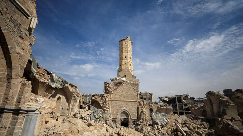 The minaret of the Great Omari Mosque, which was hit in previous Israeli strike during the war, stands damaged in Gaza City,