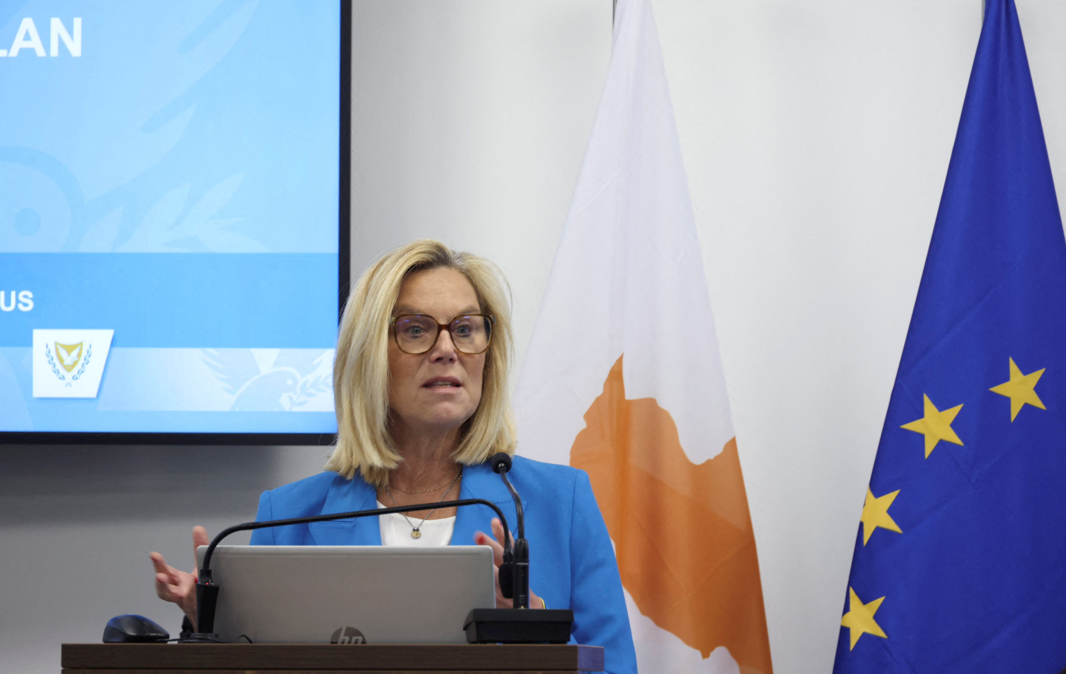 UN Senior Humanitarian and Reconstruction Coordinator for Gaza, Sigrid Kaag speaks during a meeting for Cyprus Maritime Corridor to Gaza at the Zenon Coordination Centre in Larnaca
