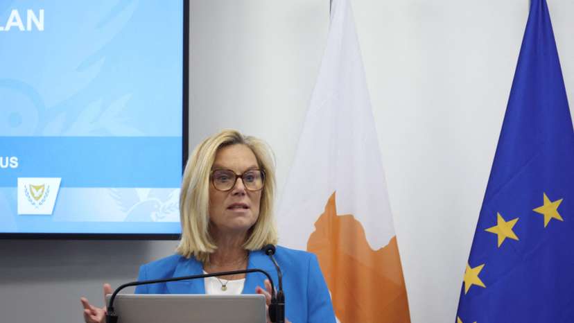 UN Senior Humanitarian and Reconstruction Coordinator for Gaza, Sigrid Kaag speaks during a meeting for Cyprus Maritime Corridor to Gaza at the Zenon Coordination Centre in Larnaca