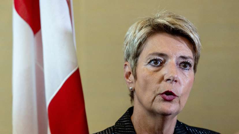 FILE PHOTO: Swiss President Keller-Sutter talks to the media after a news conference in Geneva