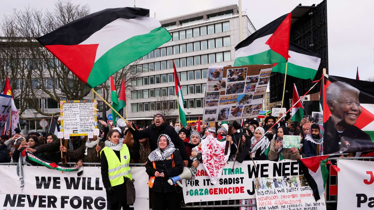 FILE PHOTO: Protests near the ICJ in the Hague as Israel and South Africa face each other in the Gaza genocide case