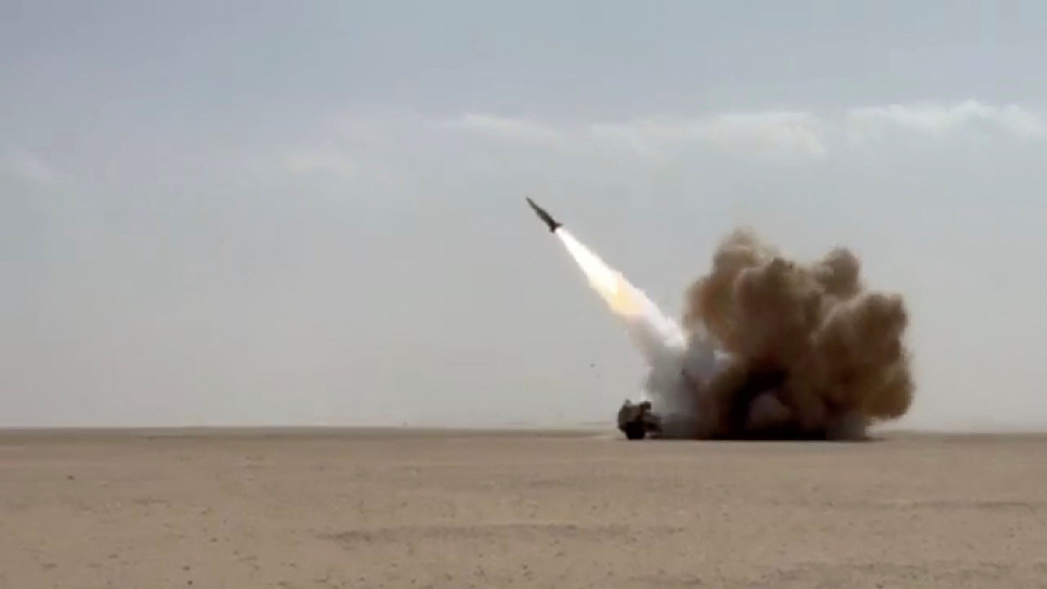 A screengrab from a video released by U.S. Central Command (CENTCOM) shows a missile being fired from an unknown location