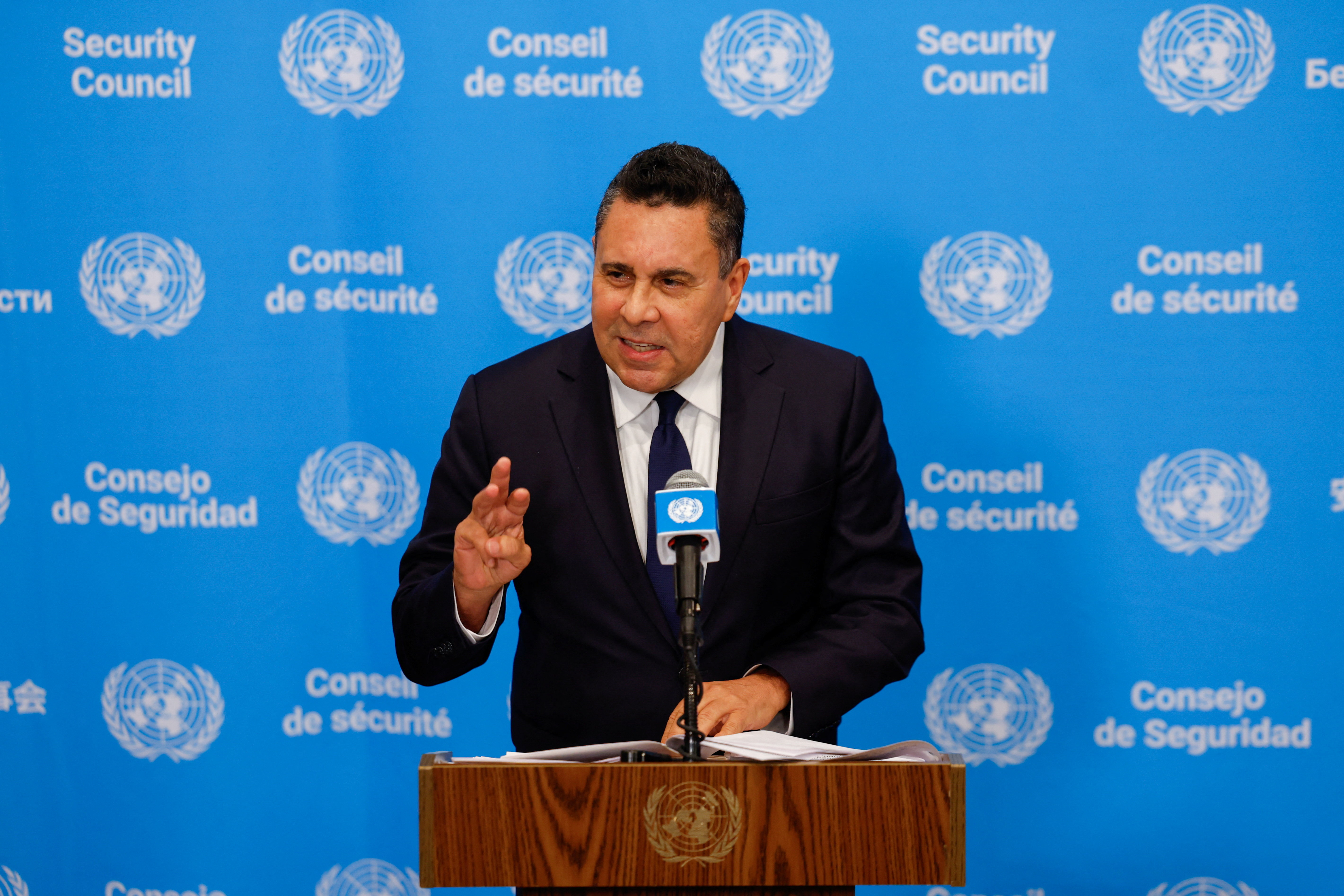 Venezuelan Ambassador to the United Nations Samuel Moncada speaks during a stakeout at U.N. headquarters in New York
