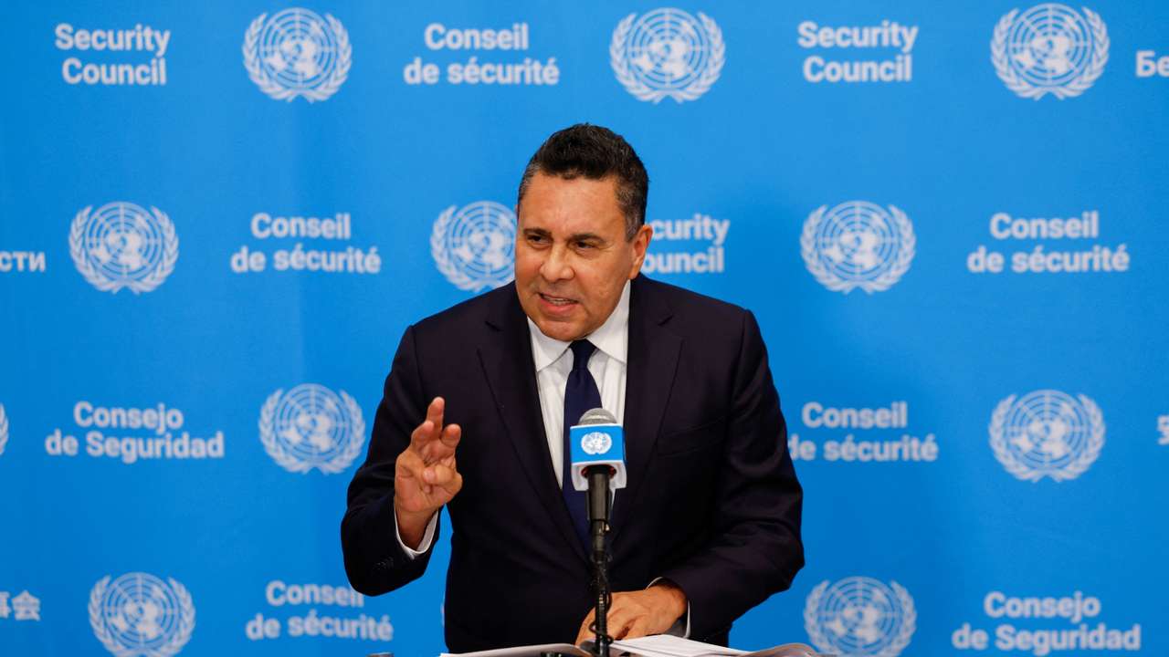 Venezuelan Ambassador to the United Nations Samuel Moncada speaks during a stakeout at U.N. headquarters in New York