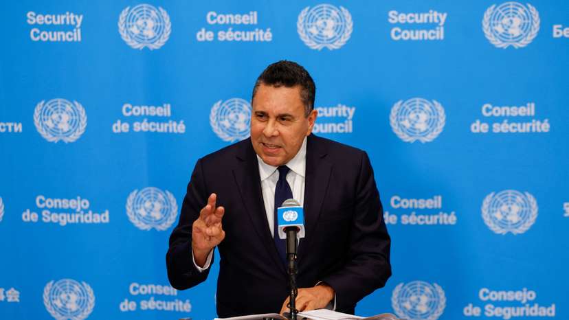 Venezuelan Ambassador to the United Nations Samuel Moncada speaks during a stakeout at U.N. headquarters in New York