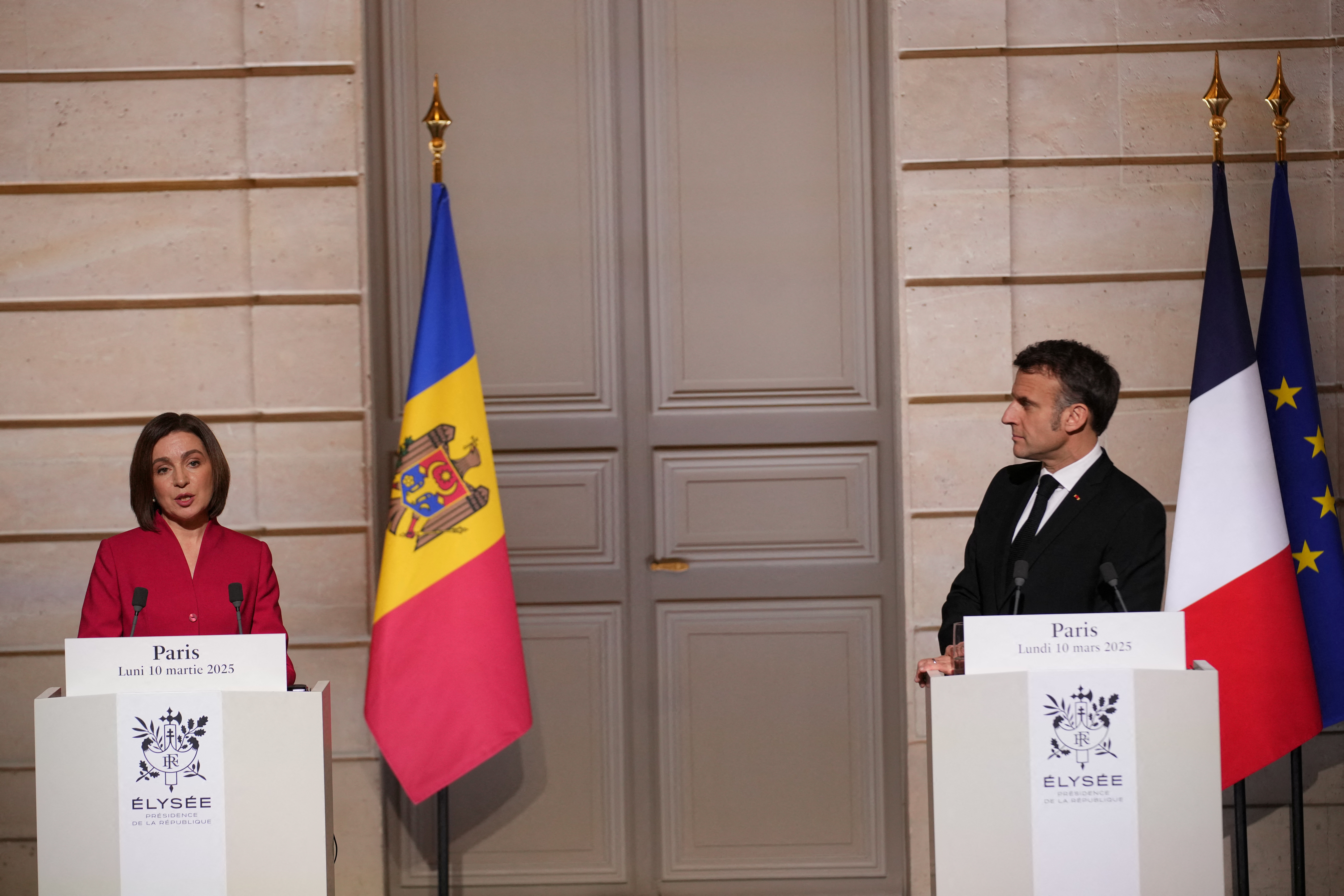 Moldova's President Maia Sandu and French President Emmanuel Macron meet at the Elysee Palace in Paris