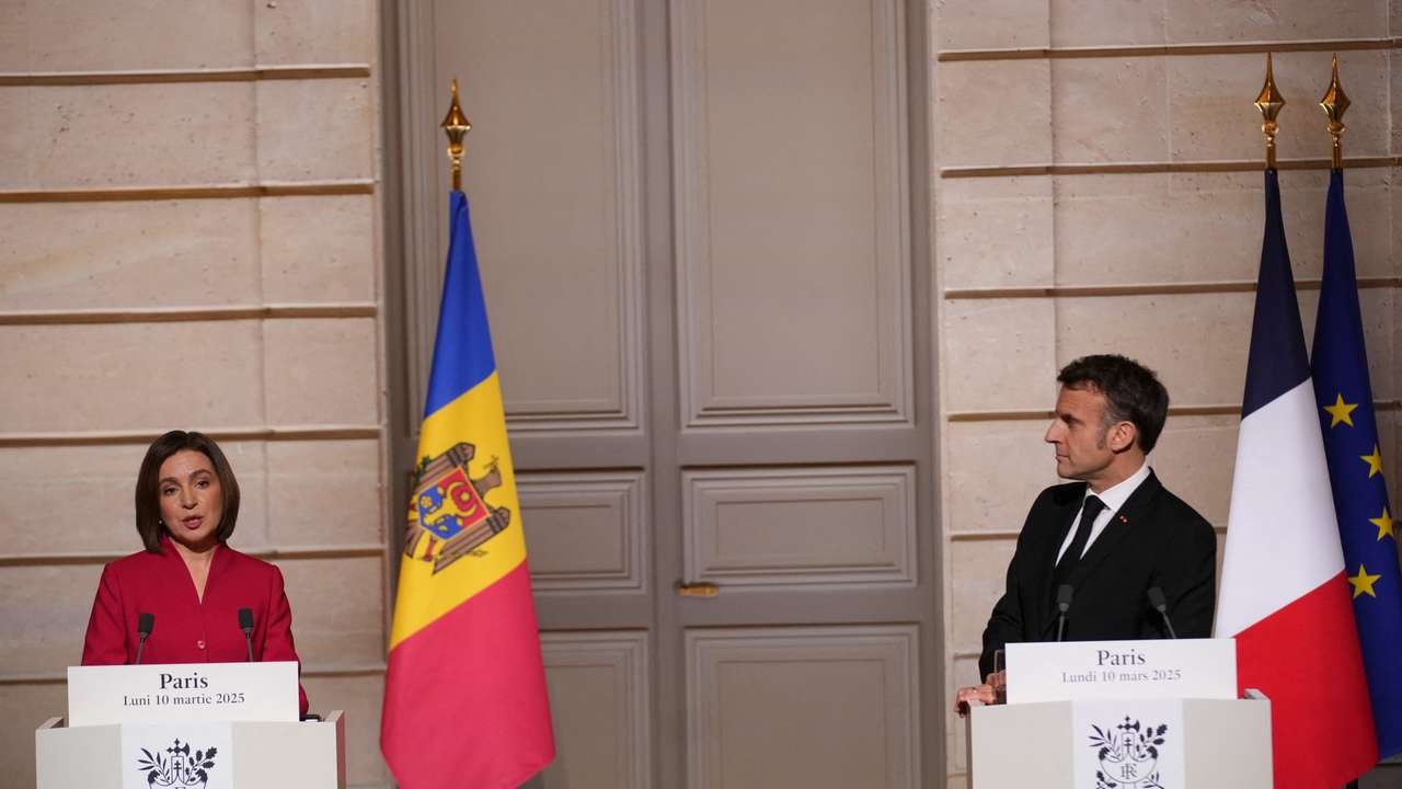 Moldova's President Maia Sandu and French President Emmanuel Macron meet at the Elysee Palace in Paris