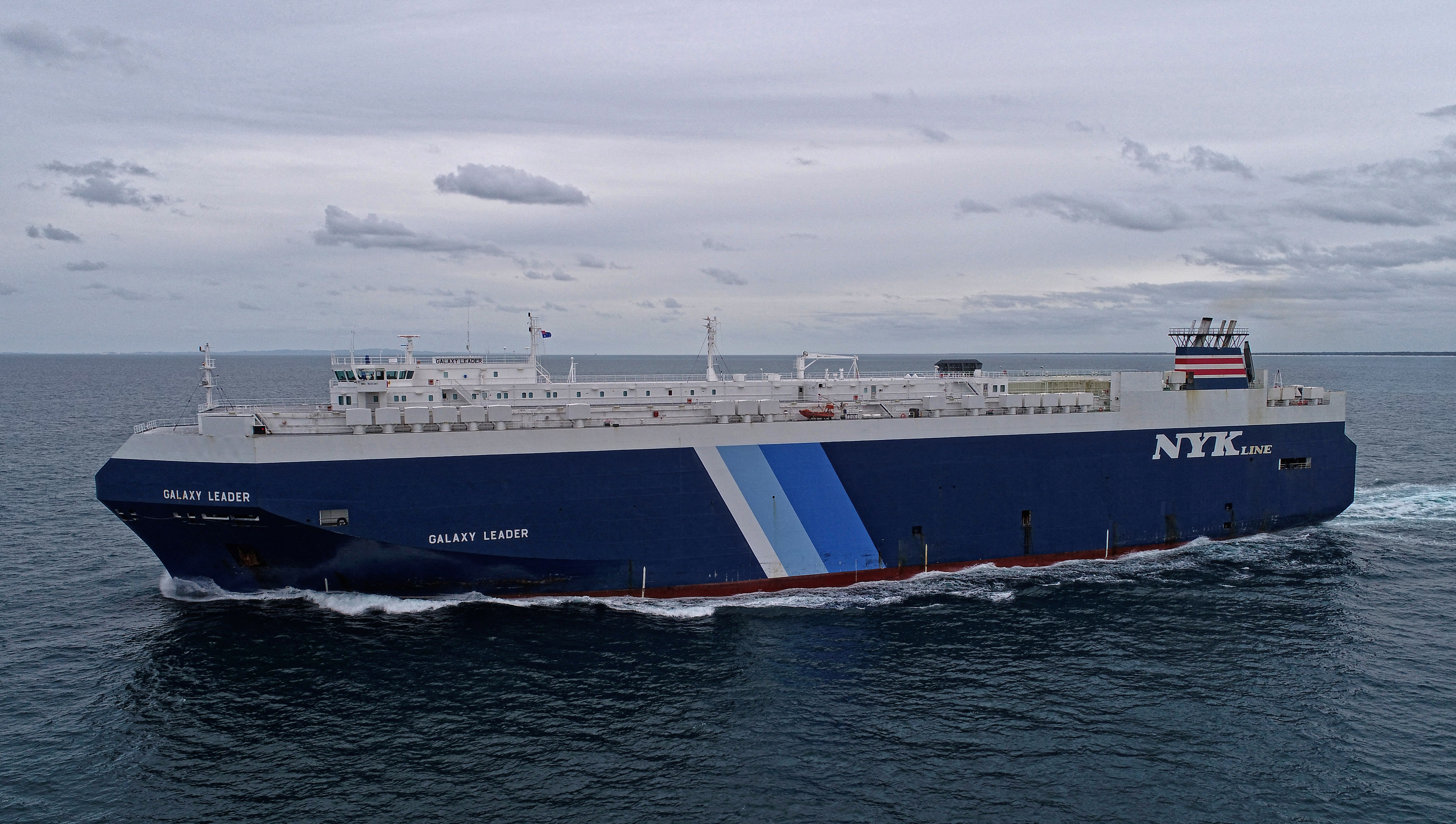 A view of the British-owned and Japanese-operated cargo ship Galaxy Leader, near Queensland