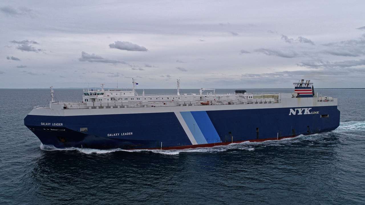 A view of the British-owned and Japanese-operated cargo ship Galaxy Leader, near Queensland