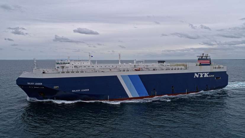 A view of the British-owned and Japanese-operated cargo ship Galaxy Leader, near Queensland