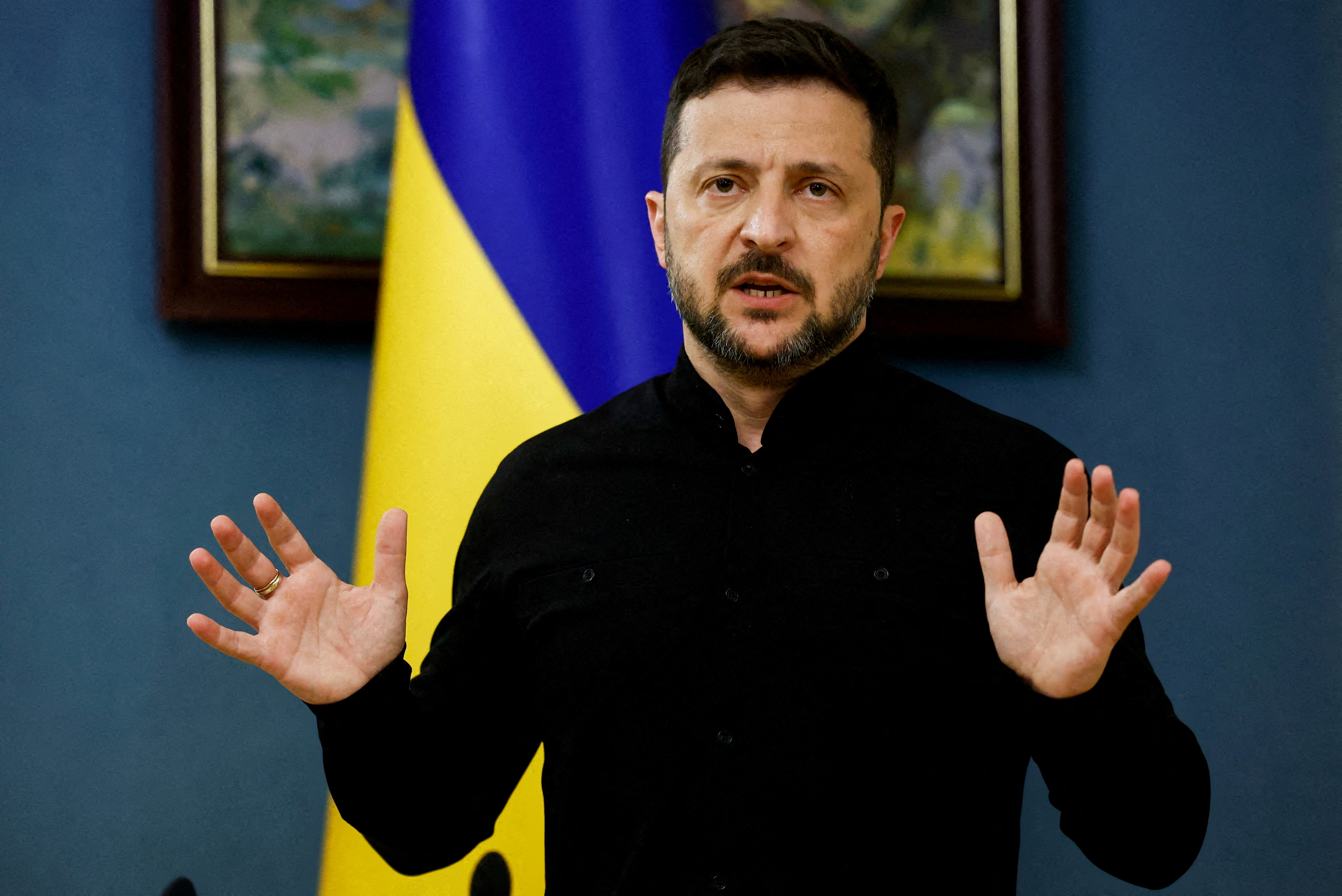 FILE PHOTO: Ukraine's President Zelenskiy speaks during a press briefing, in Kyiv