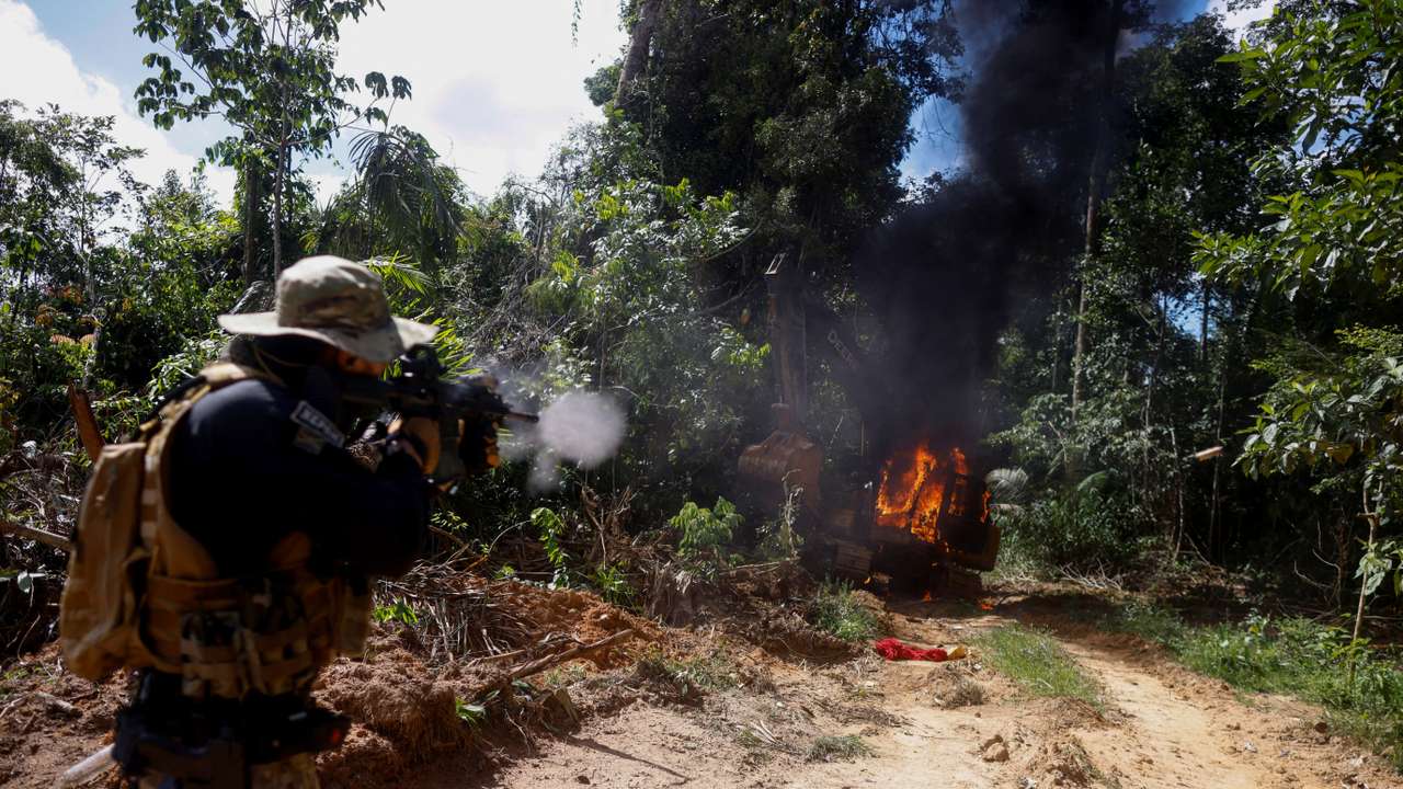 Operation against illegal gold mining at the Urupadi National Forest Park in the Amazon rainforest