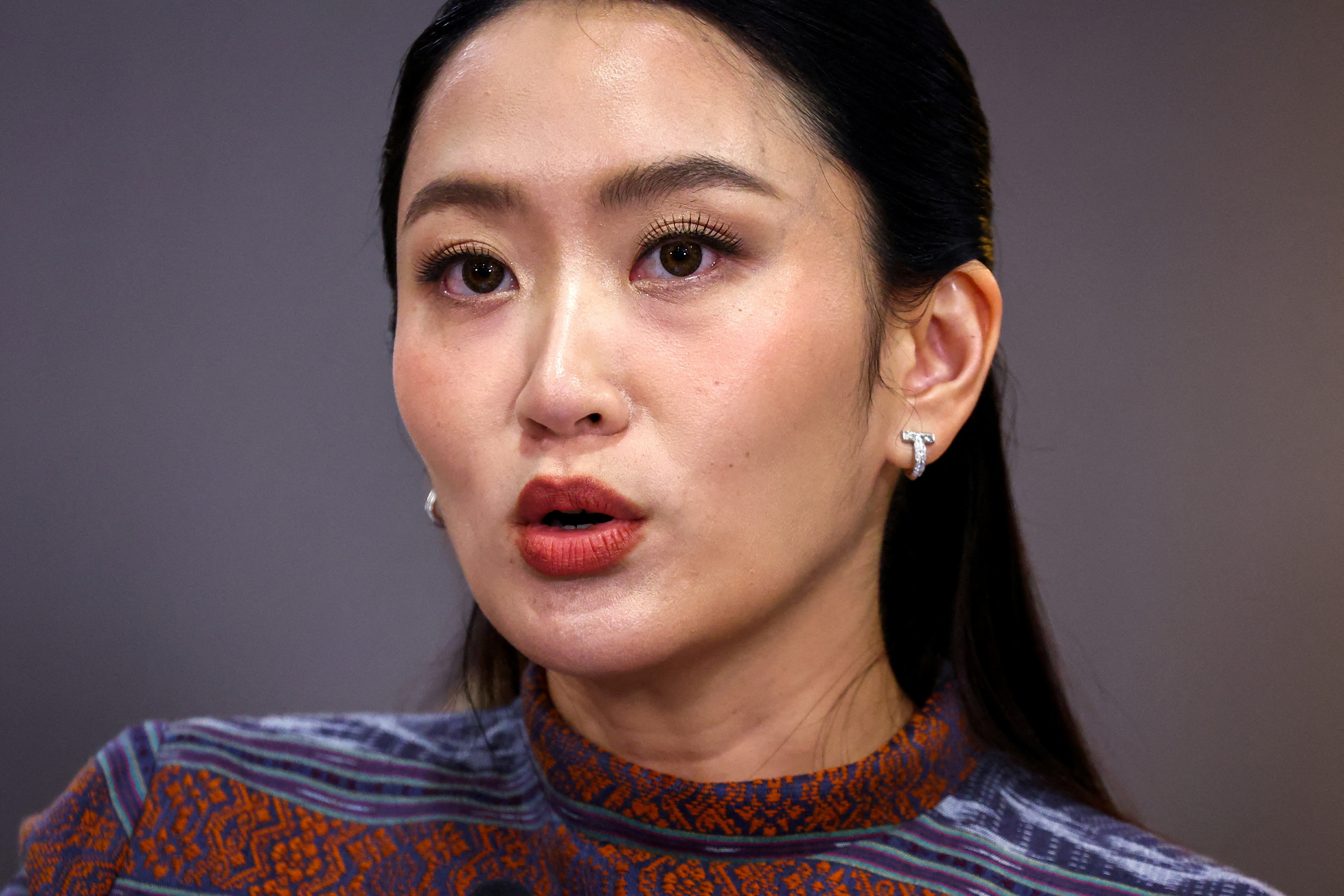 FILE PHOTO: Thailand's Prime Minister Paetongtarn Shinawatra speaks during a press conference about tensions following the incident in an undemarcated area on May 28, in Bangkok