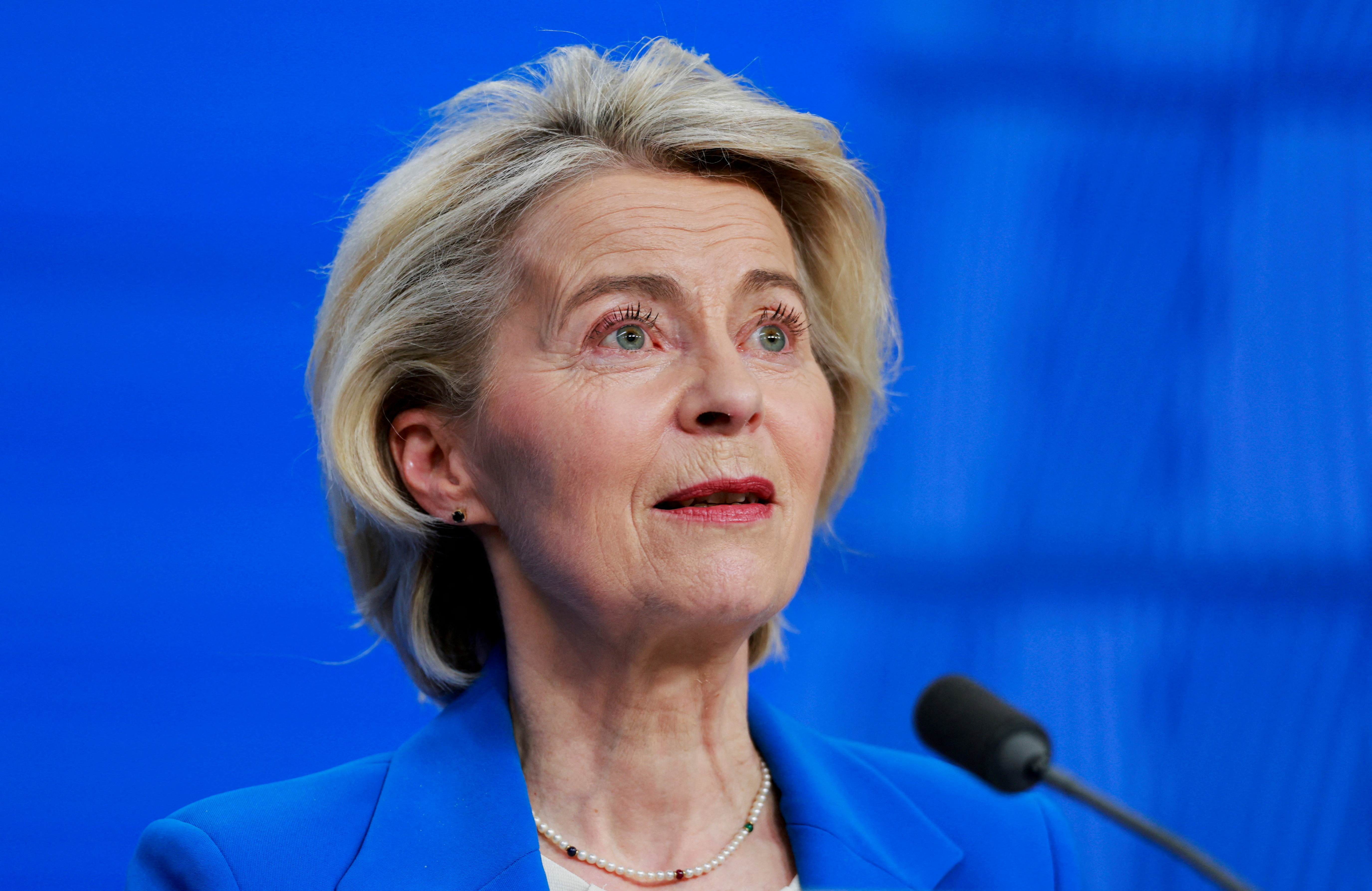 FILE PHOTO: European Commission President Ursula von der Leyen holds a press conference during a European Union leaders' summit, in Brussels