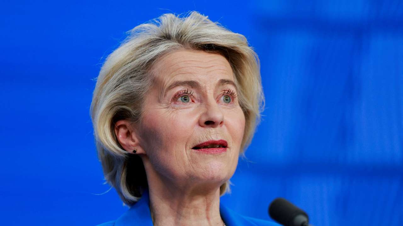 FILE PHOTO: European Commission President Ursula von der Leyen holds a press conference during a European Union leaders' summit, in Brussels