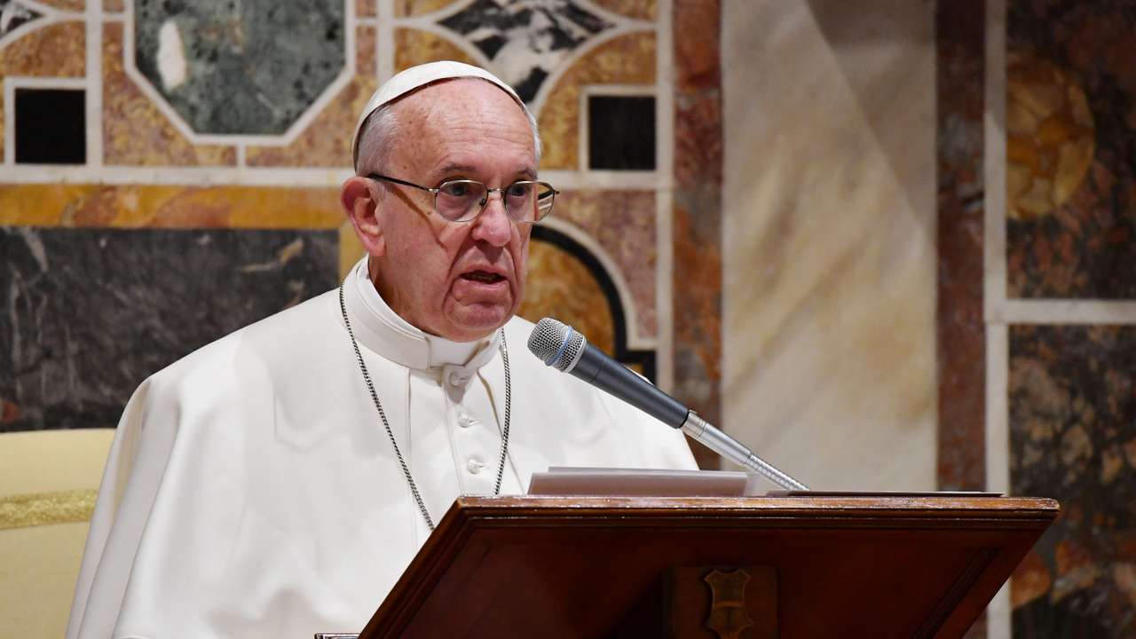 Pope Francis makes his speech during an audience with the diplomatic corps accredited to the Holy See at the Vatican