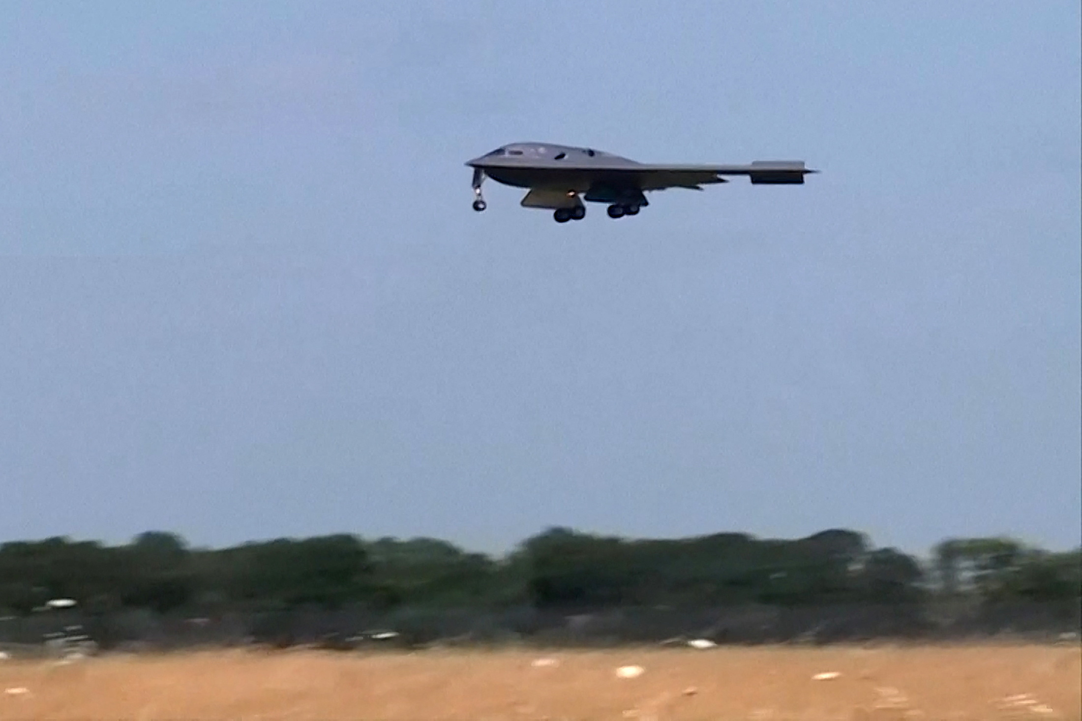 A U.S. Air Force B-2 stealth bomber returns after the U.S. attacked key Iranian nuclear sites, at Whiteman Air Force Base in Missouri