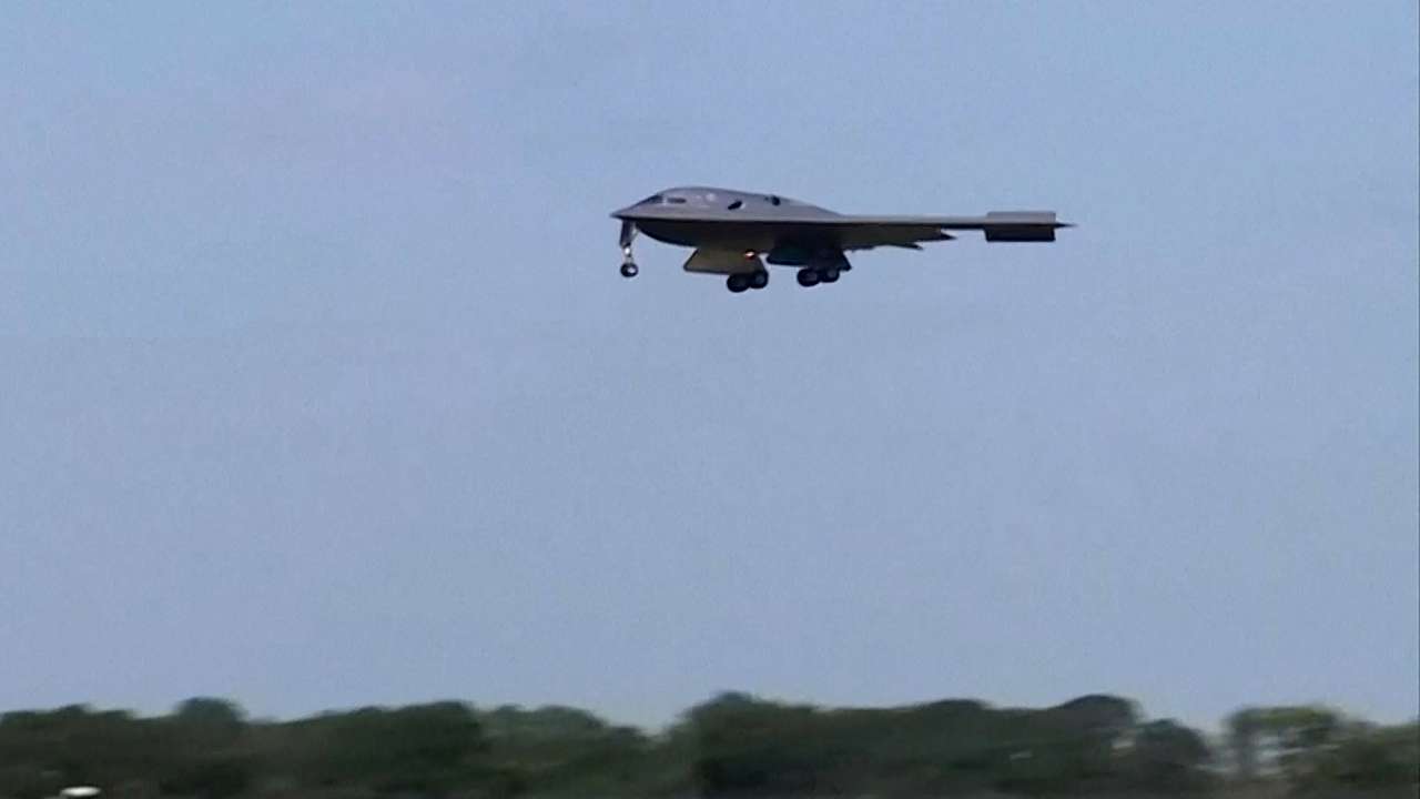 A U.S. Air Force B-2 stealth bomber returns after the U.S. attacked key Iranian nuclear sites, at Whiteman Air Force Base in Missouri