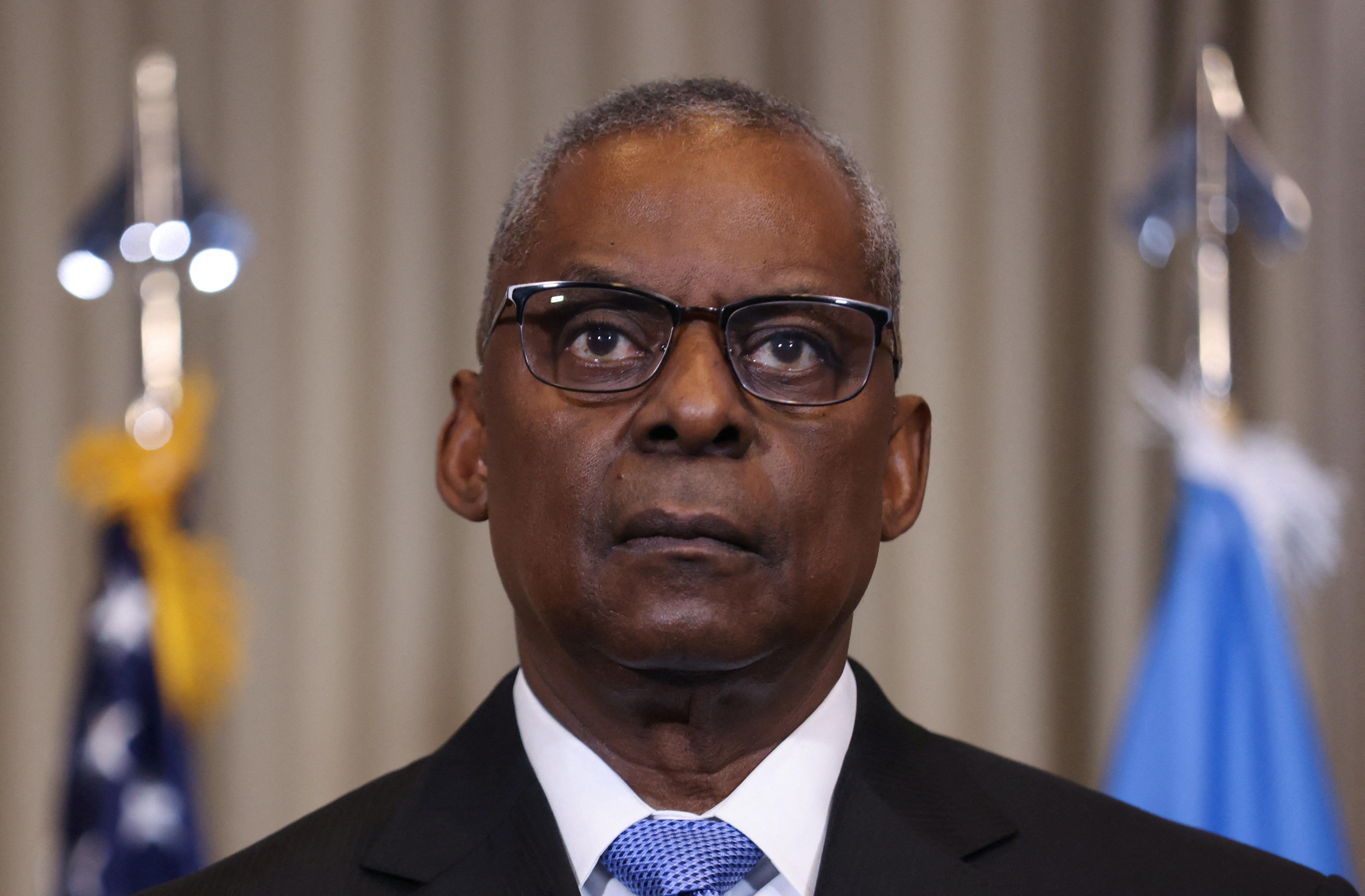 U.S. General Charles Q. Brown Junior and U.S. Secretary of Defense Lloyd Austin address the media at Ramstein