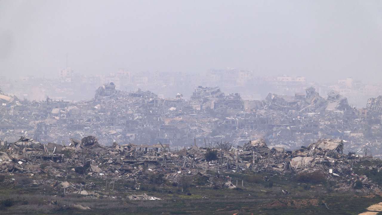 Buildings lie in ruin in Gaza amid a ceasefire between Israel and Hamas