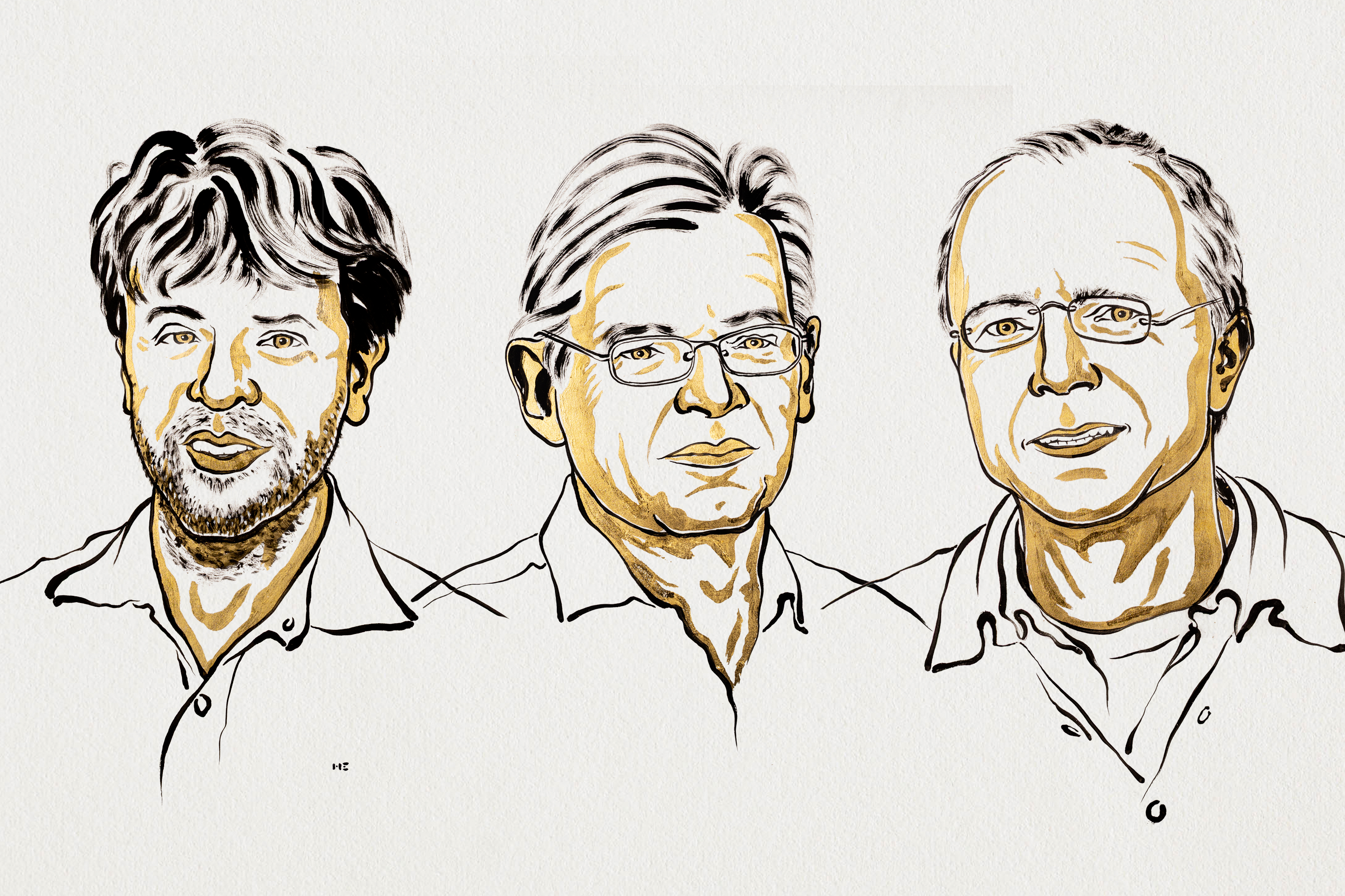 Ilustração do Nobel para os ganhadores em medicina: Karl Deisseroth, Peter Hegemann e Georg Nagel. 