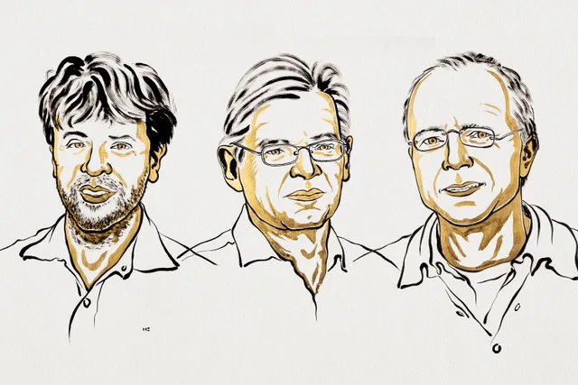 Ilustração do Nobel para os ganhadores em medicina: Karl Deisseroth, Peter Hegemann e Georg Nagel.