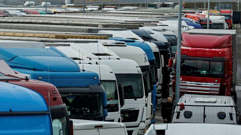 FILE PHOTO: Ukrainian trucks are parked near the Poland-Ukraine border, near the village of Korczowa