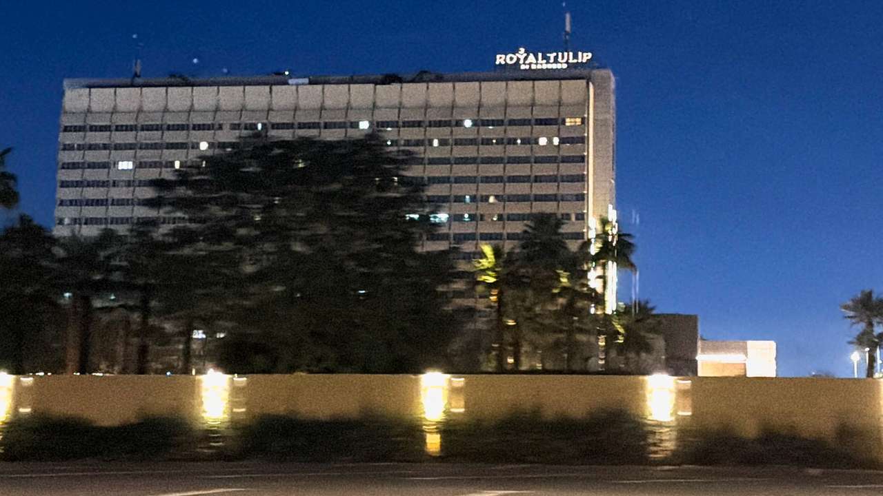 The Al-Rasheed Hotel stands at Baghdad’s Green Zone after a reported drone attack, according to security sources, in Baghdad