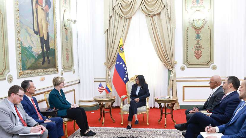Venezuela's interim president Delcy Rodriguez meets with U.S. envoy Laura Dogu at Miraflores Palace, in Caracas