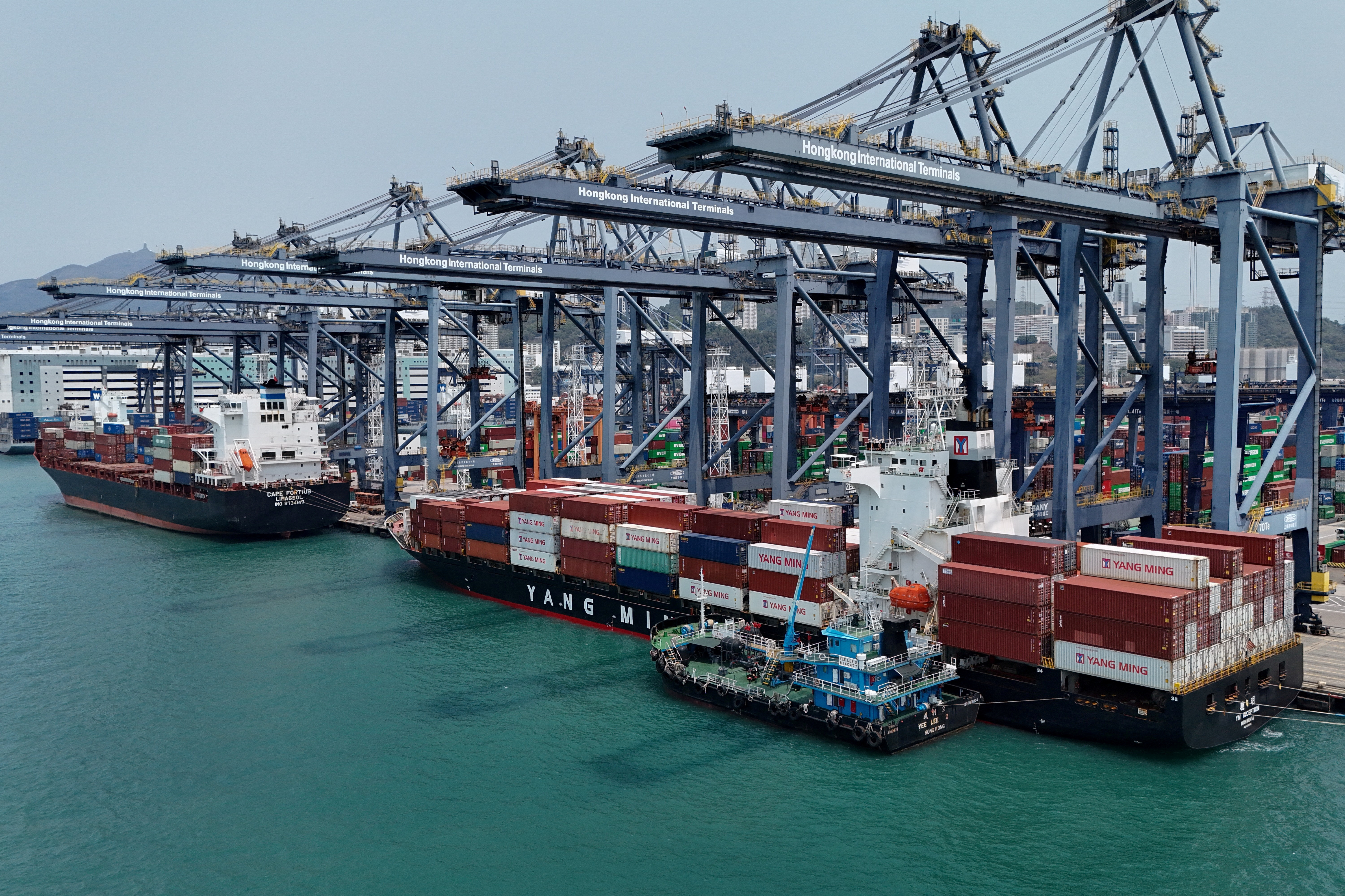 FILE PHOTO: A drone view shows containers at the terminals at the port in Kwai Chung in Hong Kong