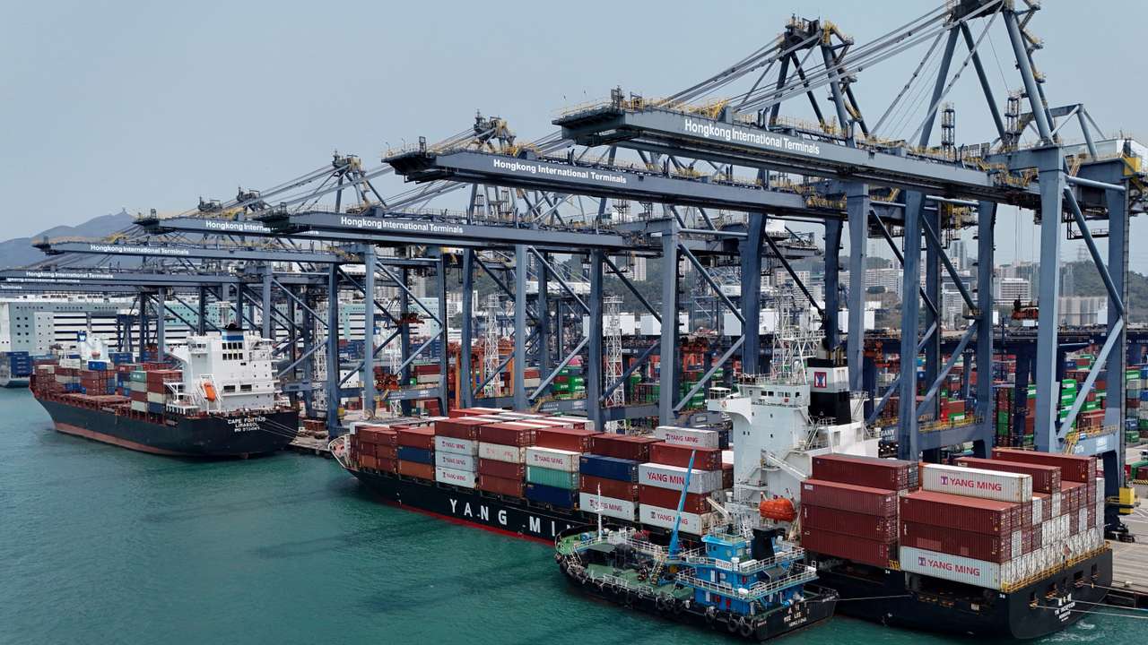 FILE PHOTO: A drone view shows containers at the terminals at the port in Kwai Chung in Hong Kong