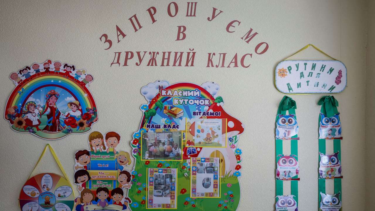 Children’s posters are seen at an orphanage in the village of Novopetrivka