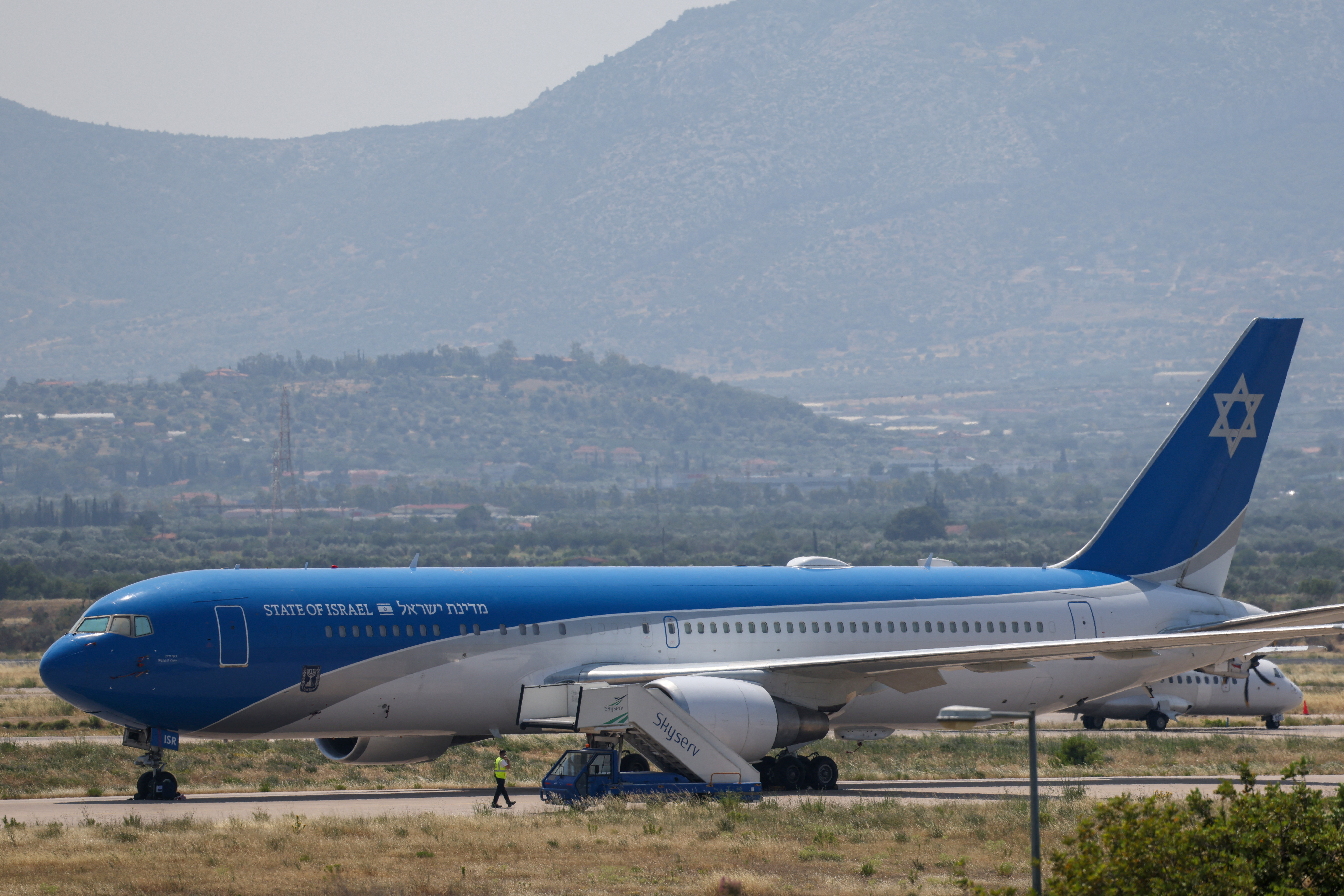 Israeli state aircraft "Wing of Zion" which flew Israel's ambassador to Greece from Israel is seen at the Athens International airport
