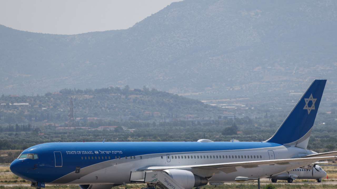 Israeli state aircraft "Wing of Zion" which flew Israel's ambassador to Greece from Israel is seen at the Athens International airport
