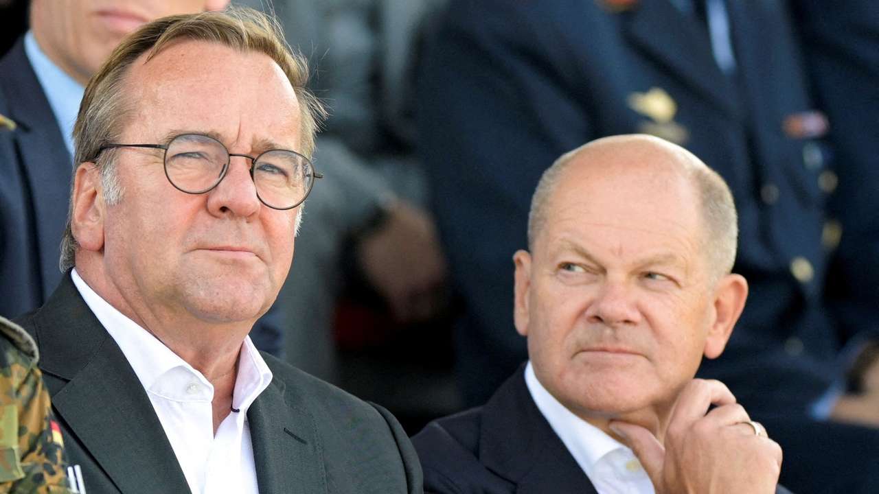 FILE PHOTO: German Chancellor Scholz and Defence Minister Pistorius take part in the commissioning of the IRIS-T SLM air defence system in Panker