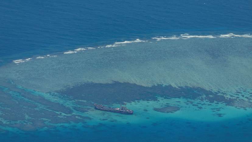 FILE PHOTO: Aerial view of the contested Second Thomas Shoal in the South China Sea