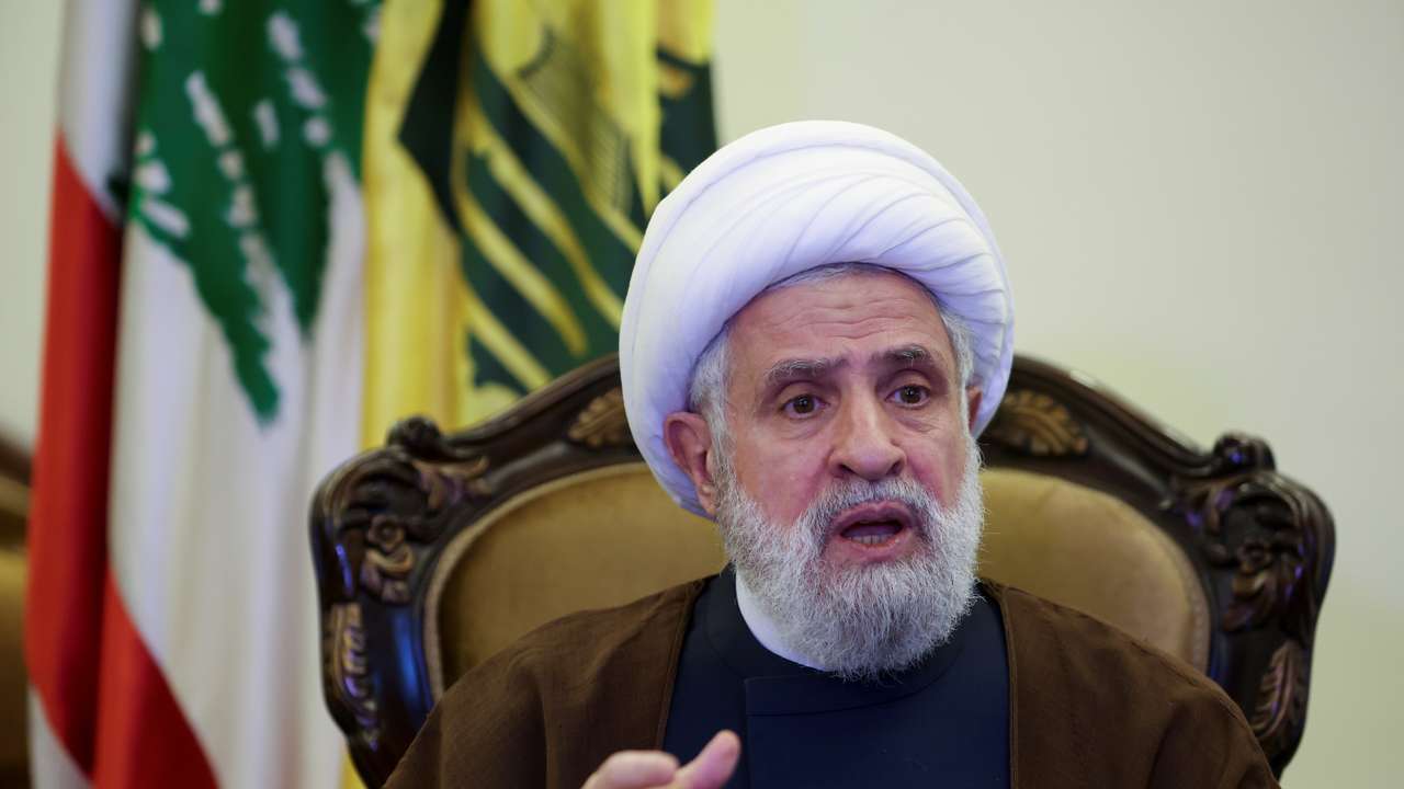 Lebanon's Hezbollah deputy leader Sheikh Naim Qassem speaks during an interview with Reuters in in Beirut's suburbs