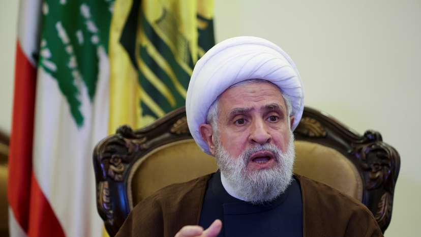 Lebanon's Hezbollah deputy leader Sheikh Naim Qassem speaks during an interview with Reuters in in Beirut's suburbs