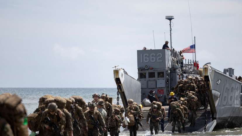 U.S. Marines come ashore from a landing craft utility (LCU) during training exercises in Arroyo
