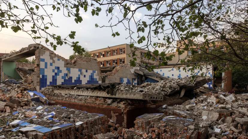 A general view shows a school that was destroyed in a recent Russian airstrike in Pokrovsk