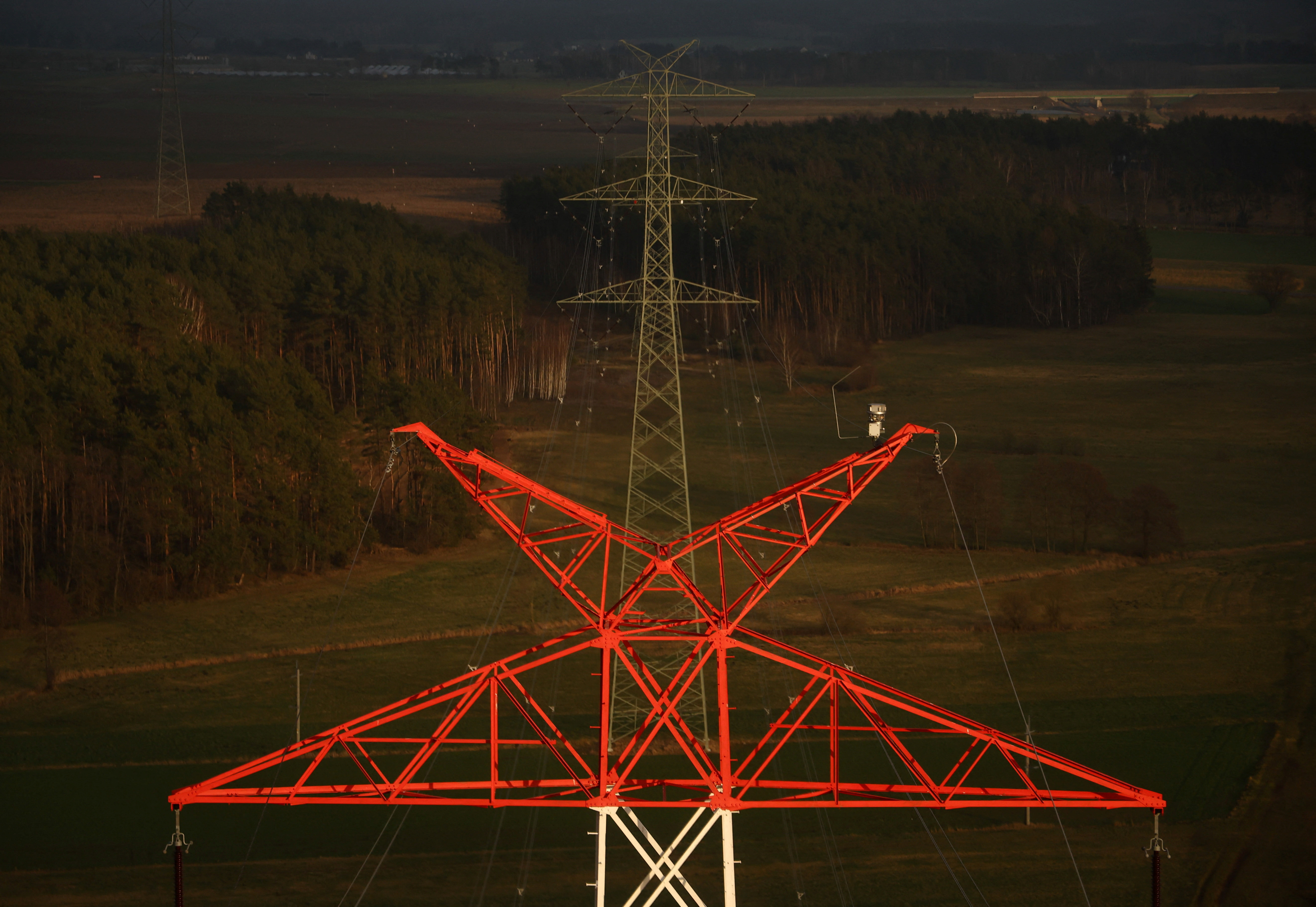 Polish transmission system operator PSE power lines are seen near Lomza