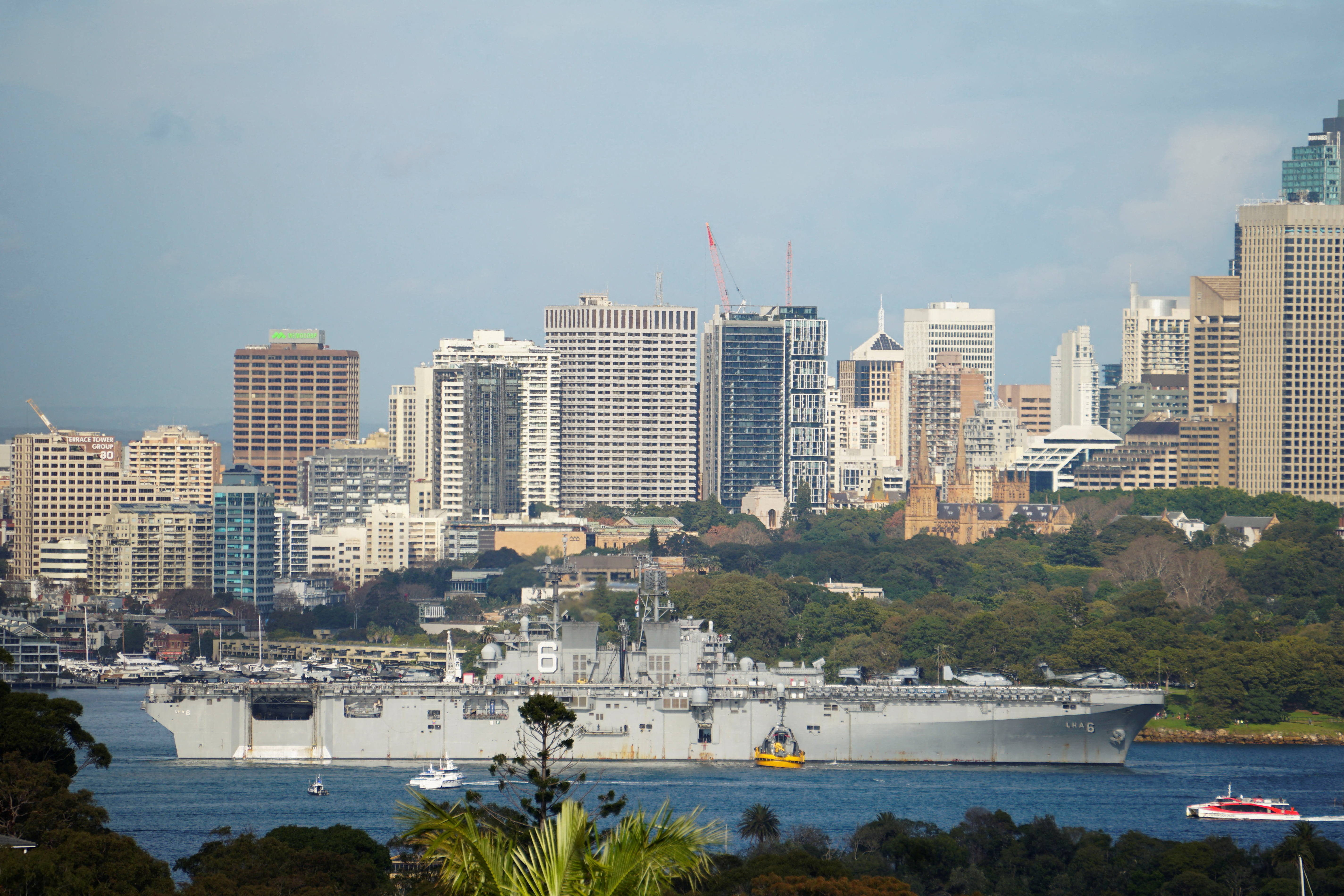 The USS America amphibious assault ship arrives in Sydney Harbour