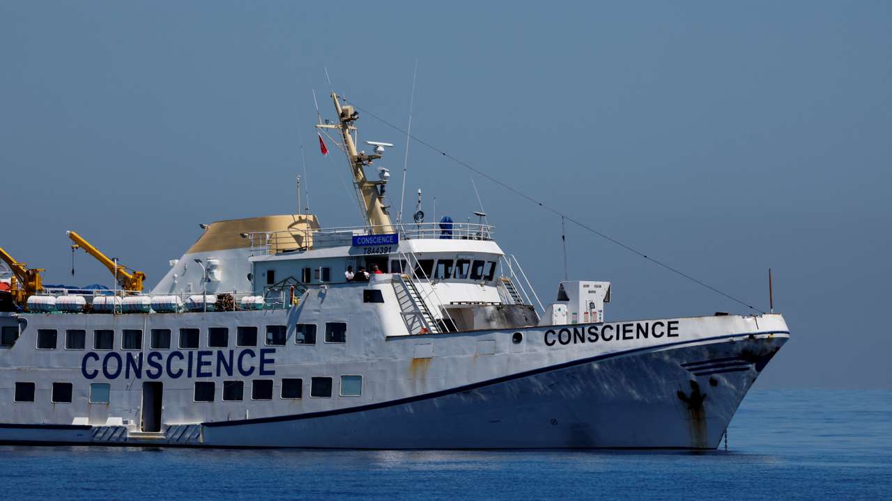 The damaged Gaza Freedom Flotilla vessel “Conscience” is seen anchored at sea outside Maltese territorial waters