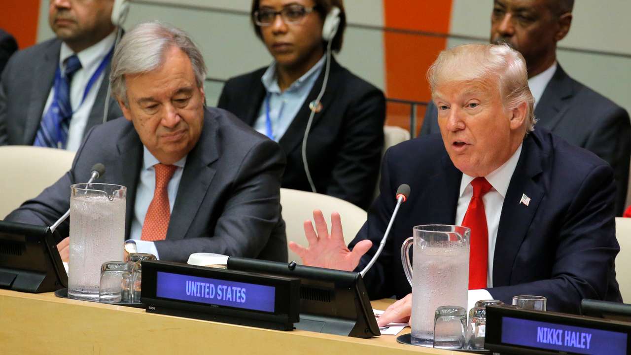 U.S. President Trump speaks during a session at UN Headquarters in New York