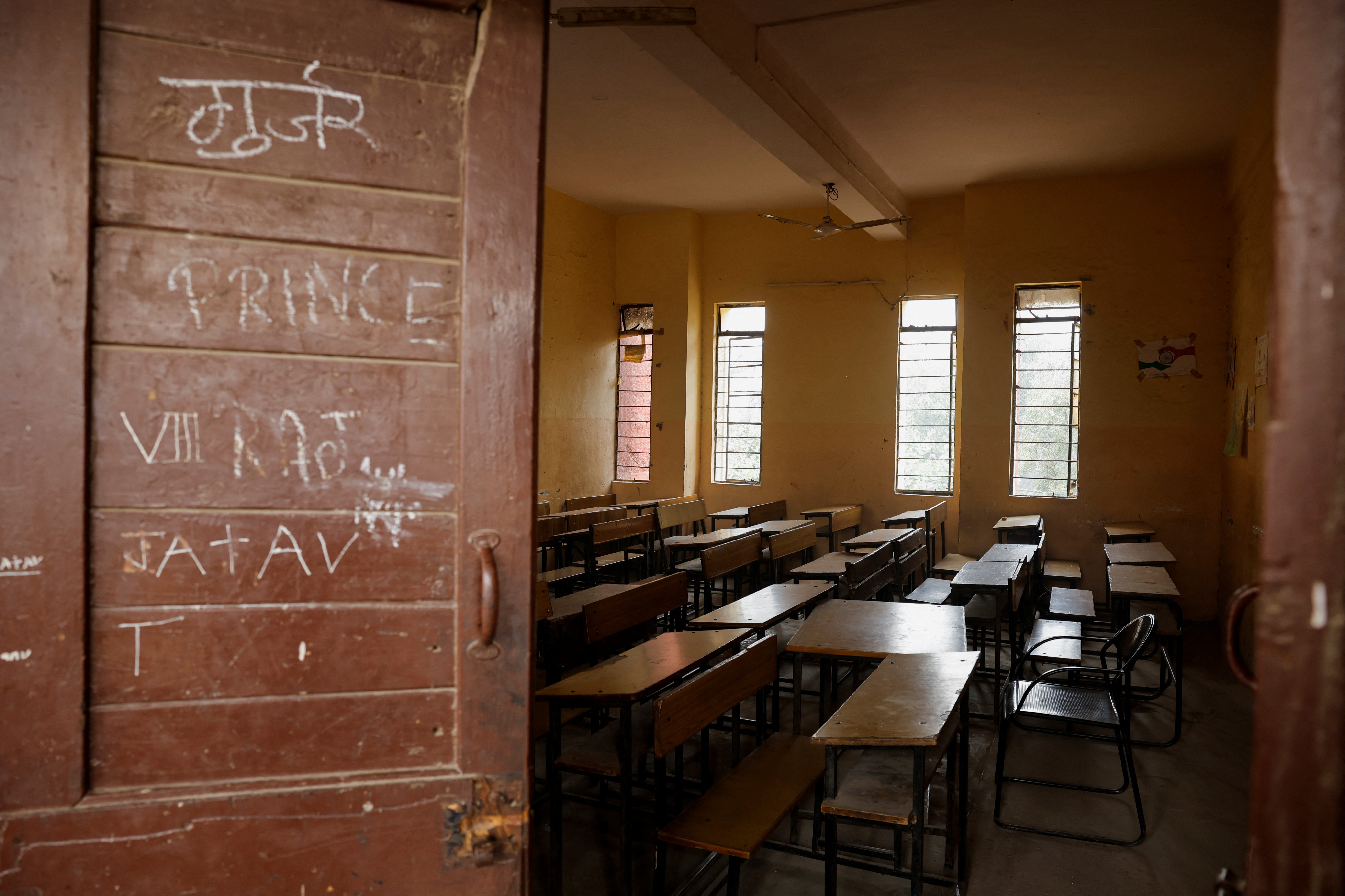 A view of an empty classroom in a school, in New Delhi