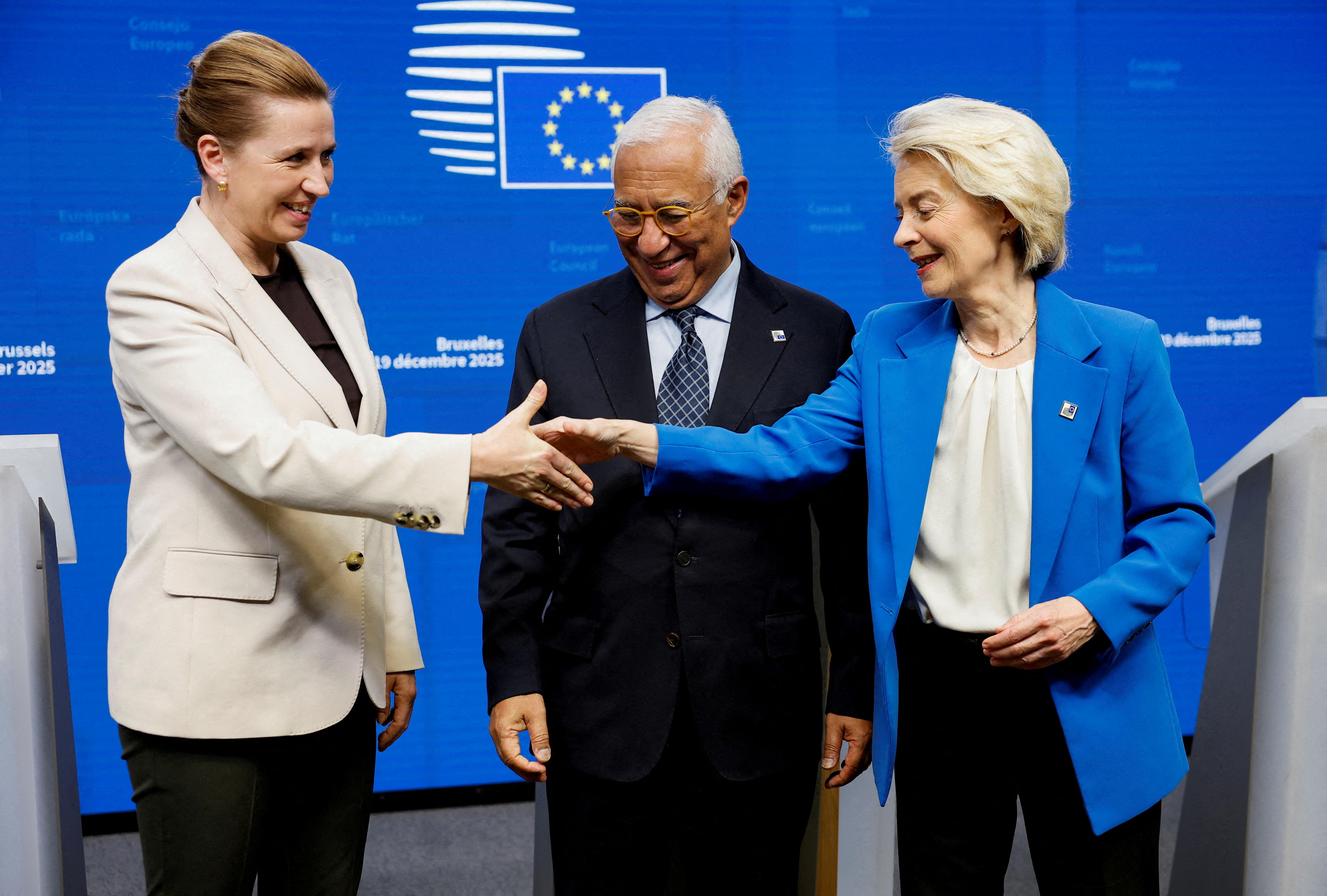 Denmark's Prime Minister Mette Frederiksen, European Council President Antonio Costa and European Commission President Ursula von der Leyen hold a press conference during a European Union leaders' summit, in Brussels