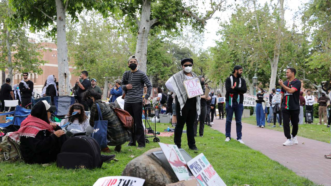 Students build a protest encampment in support of Palestinians, at USC in Los Angeles