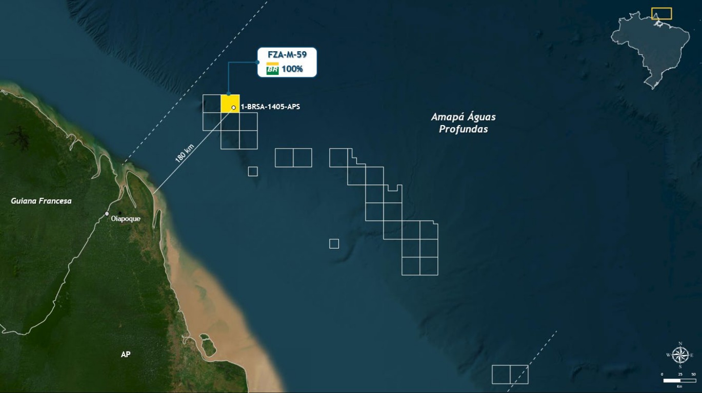 Mapa mostra a localização do poço Morpho, no bloco FZA-M-59, a cerca de 180 km da costa do Amapá, onde a Petrobras fez duas descobertas de petróleo neste ano. 