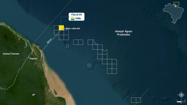 Mapa mostra a localização do poço Morpho, no bloco FZA-M-59, a cerca de 180 km da costa do Amapá, onde a Petrobras fez duas descobertas de petróleo neste ano.